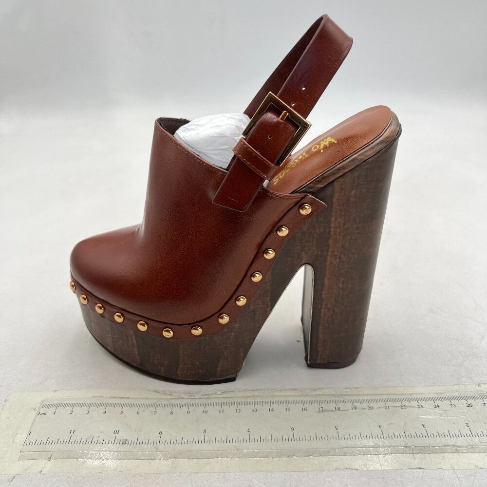 Brown Leather Studded Block Heel Slingback Clog - Picture 2 of 8